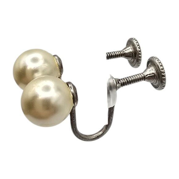 Vintage Screw Back Earrings Cream Faux Pearl Beads Silver Tone Classic Style - Picture 8 of 10